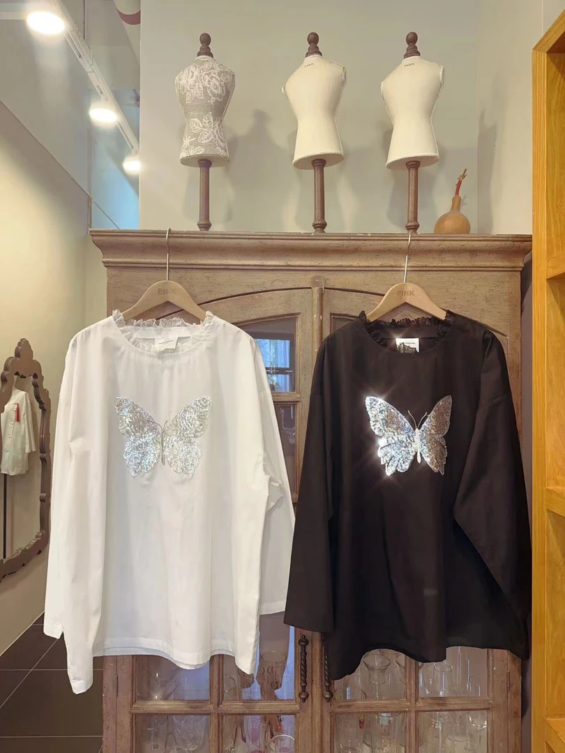 COTTONPINK女装蕾丝领圈蝴蝶刺绣重工洋气上衣