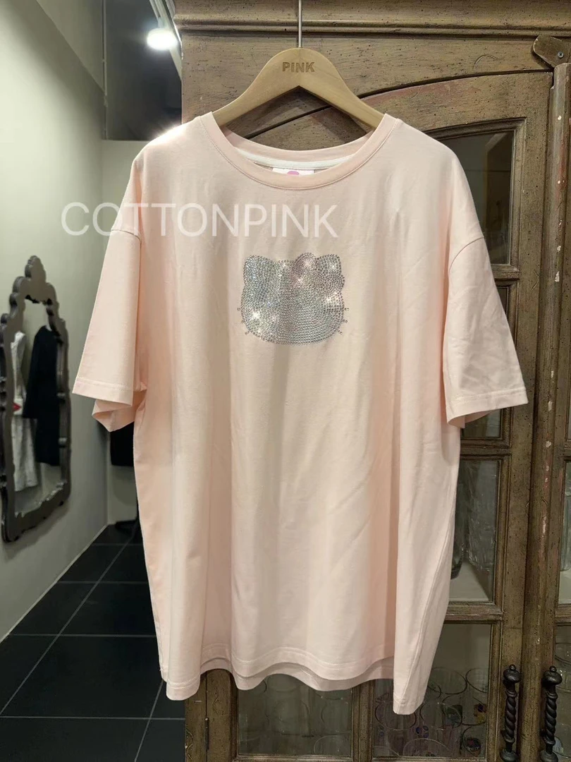 COTTONPINK小猫高级烫钻夏季宽松圆领百搭短袖上衣