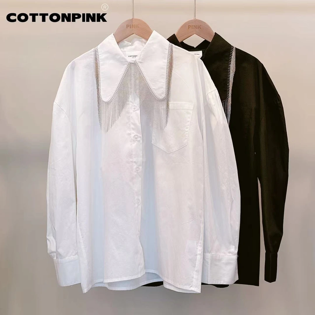 COTTONPINK女装流苏衬衣衬衫休闲宽松拼接秋季设计感长袖时尚