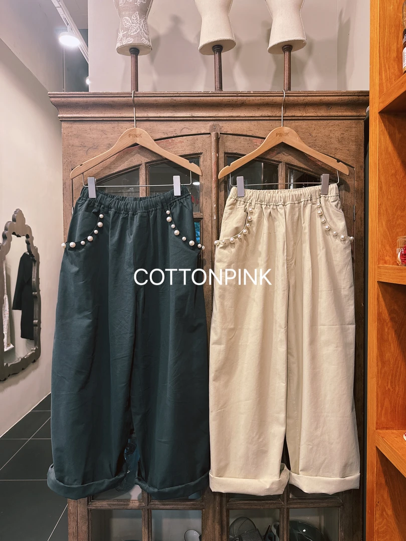 COTTONPINK女装设计师款珍珠时尚百搭潮流长裤