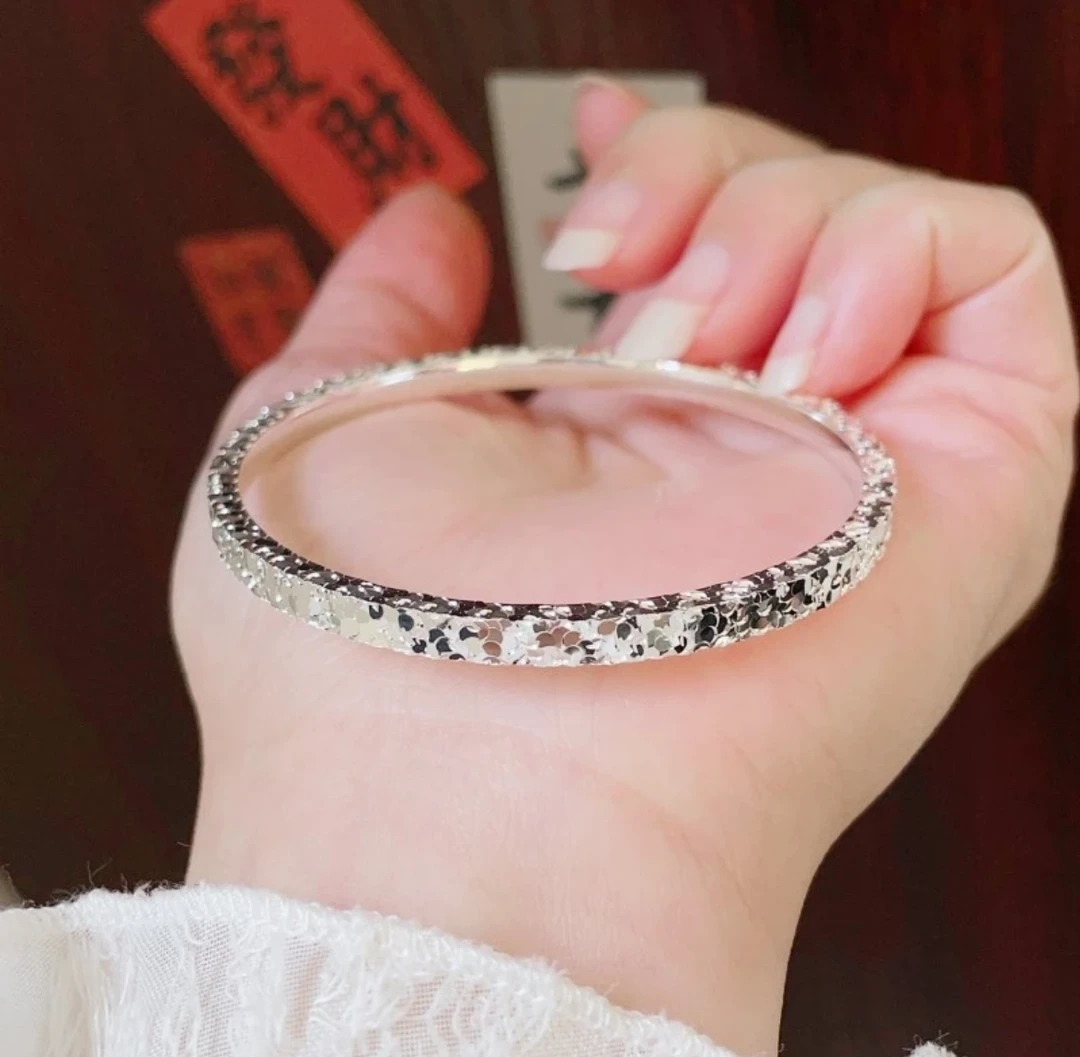 足银手镯 足银9999闭口三面碎冰冰实心手工精致百搭送女友银手镯