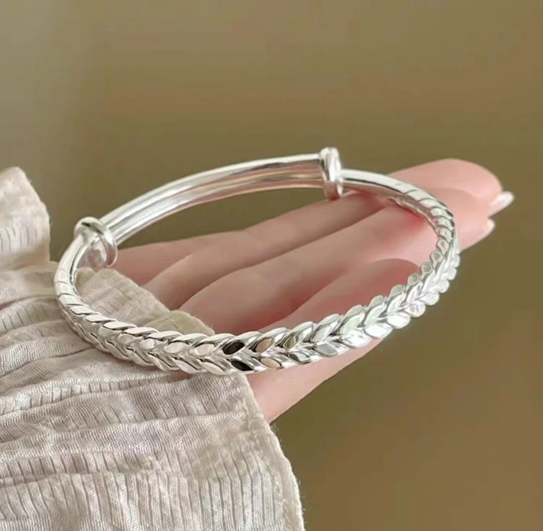 足银手镯 足银9999穗穗平安推拉可调节大麦百搭实心简约手镯送礼