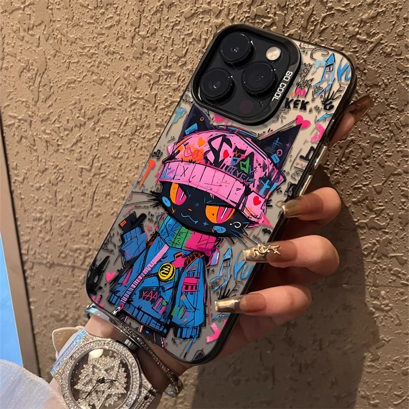 适用苹果16promax手机壳涂鸦黑猫iPhone 17保护壳创意14pm带挂绳