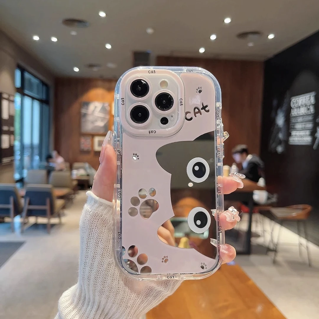 适用苹果16promax手机壳粉色猫咪镜面iPhone15pro卡通保护套14pm