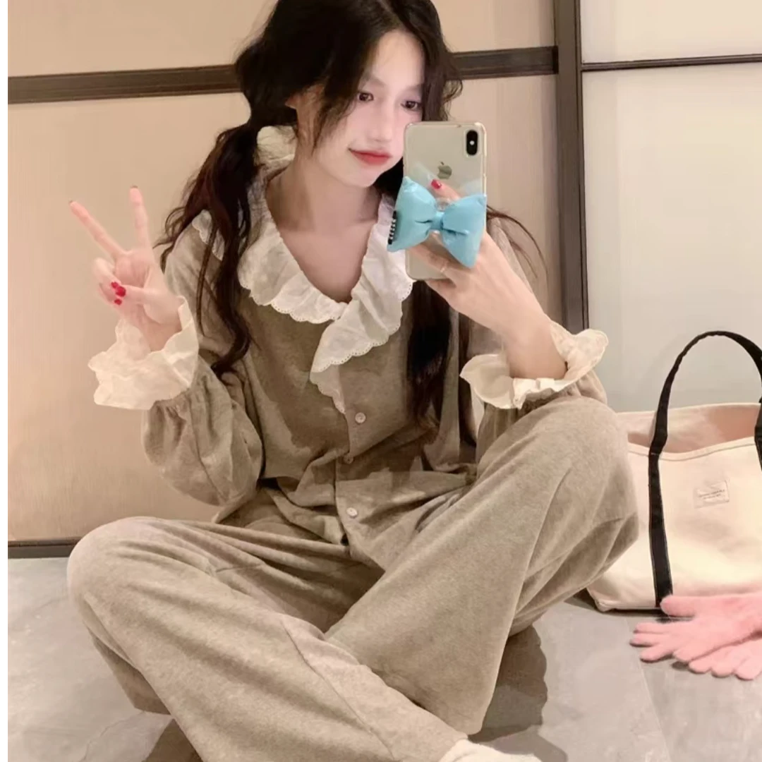 ins韩系简约春秋甜美荷叶边德绒睡衣2024秋冬款家居服套装
