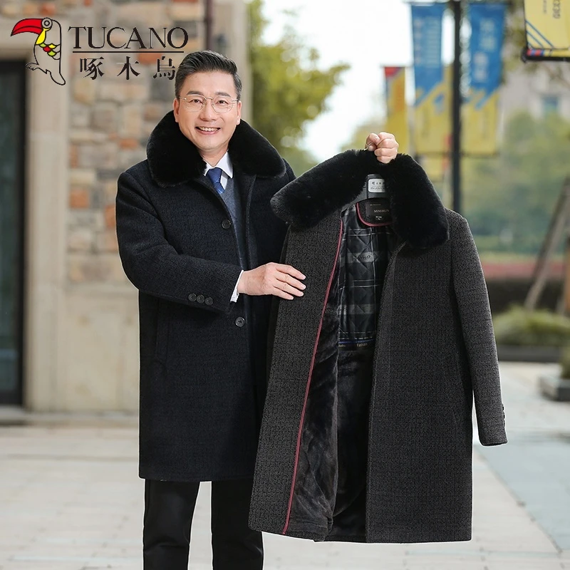 雪尼尔长款大衣中老年爸爸装加绒加厚风衣脱卸爷爷装大毛领外套