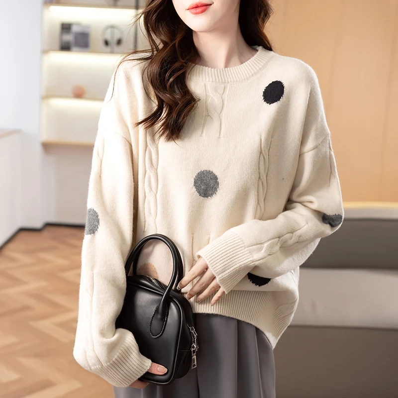 23171针织衫圆领长袖上衣毛衣拼色圆点百搭套头时尚洋气打底衫女