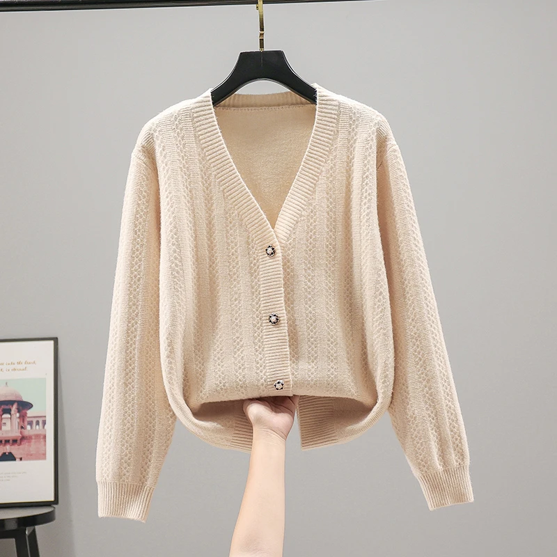 22068小香风V领长袖纯色开衫毛衣女百搭韩版宽松上衣针织衫秋冬