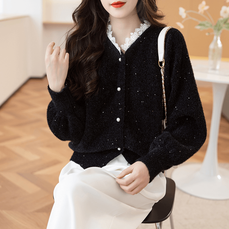 5210-黑色圆领针织衫女士长袖纯色蕾丝亮片纽扣上衣毛衣开衫外套