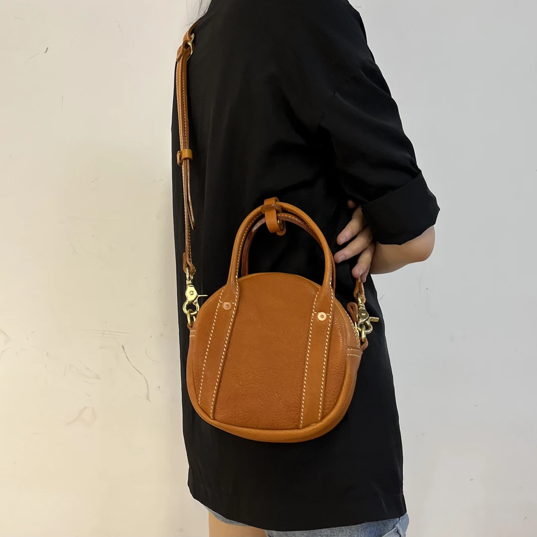 头层牛皮野牛皮单肩斜挎手提包小圆包