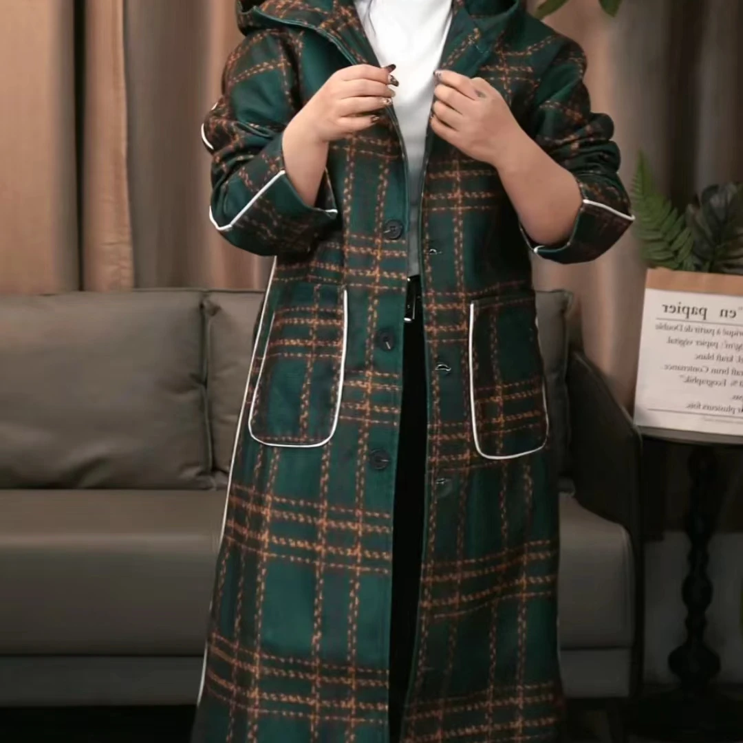 991绿色格子加棉大衣