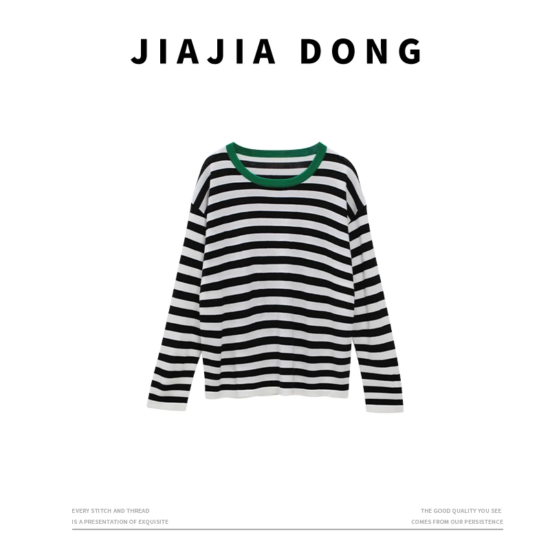 DONG JIAJIA"南枝独叶"莱赛尔桑蚕丝圆领条纹格长袖针织T恤TX560