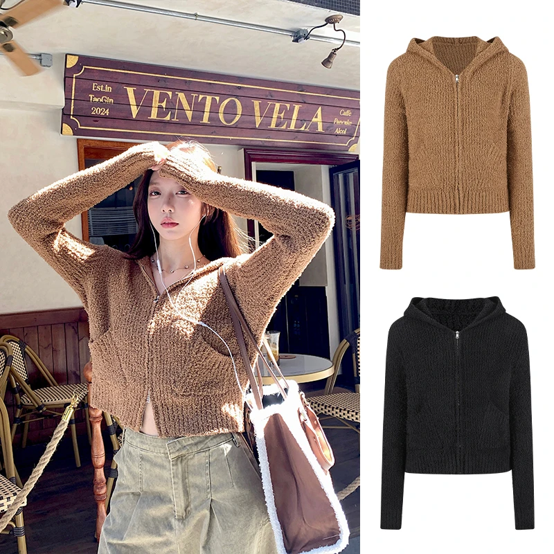 Moses Queen/魔西女王韩系可爱连帽百搭毛衣外套针织开衫短款上衣