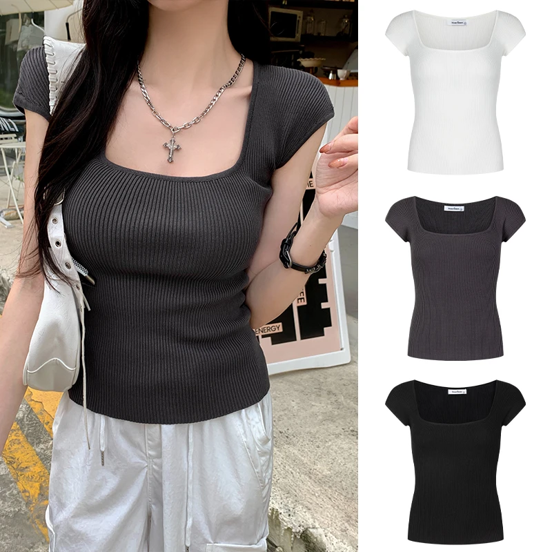 Moses Queen/魔西女王美式复古方口领短袖T恤夏修身显瘦辣妹上衣