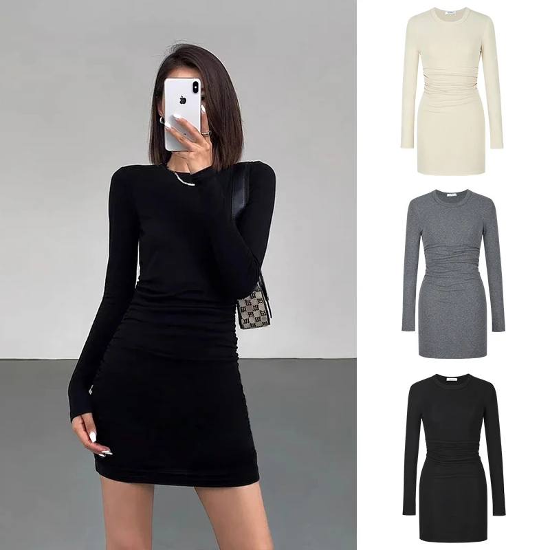 Moses Queen/魔西女王黑色收腰针织连衣裙女早秋修身打底包臀短裙