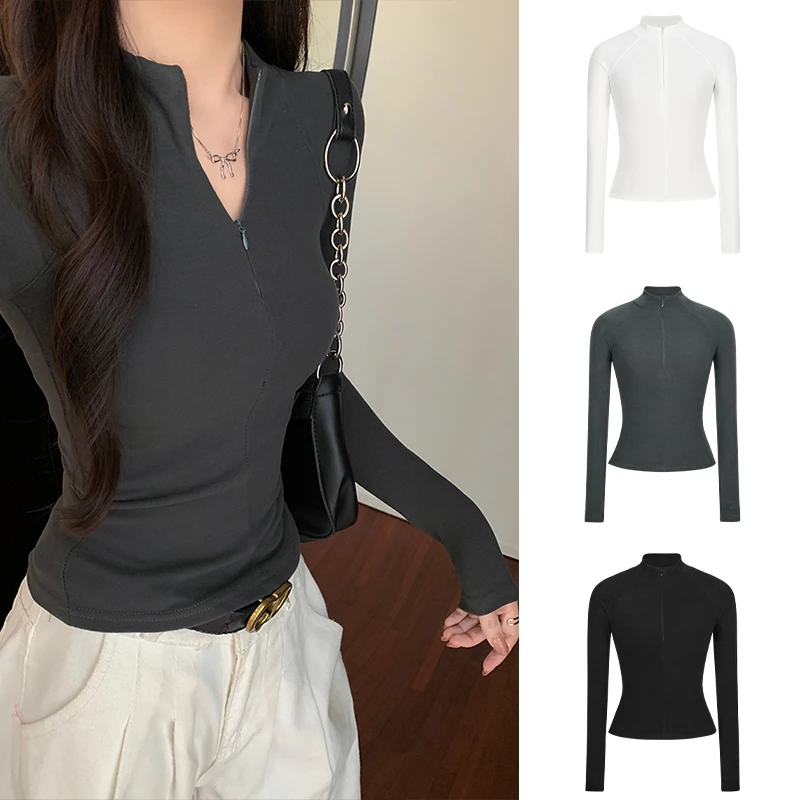 Moses Queen/魔西女王绒面立领打底衫女收腰显瘦长袖半拉链上衣