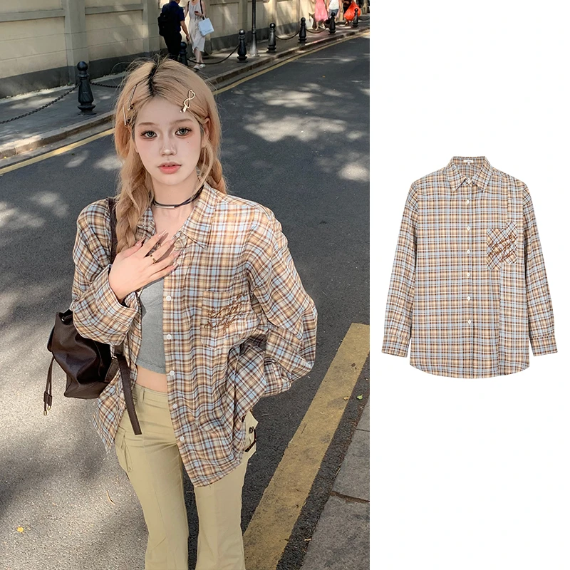 Moses Queen/魔西女王刺绣格子衬衫女秋季休闲长袖美拉德衬衣外套