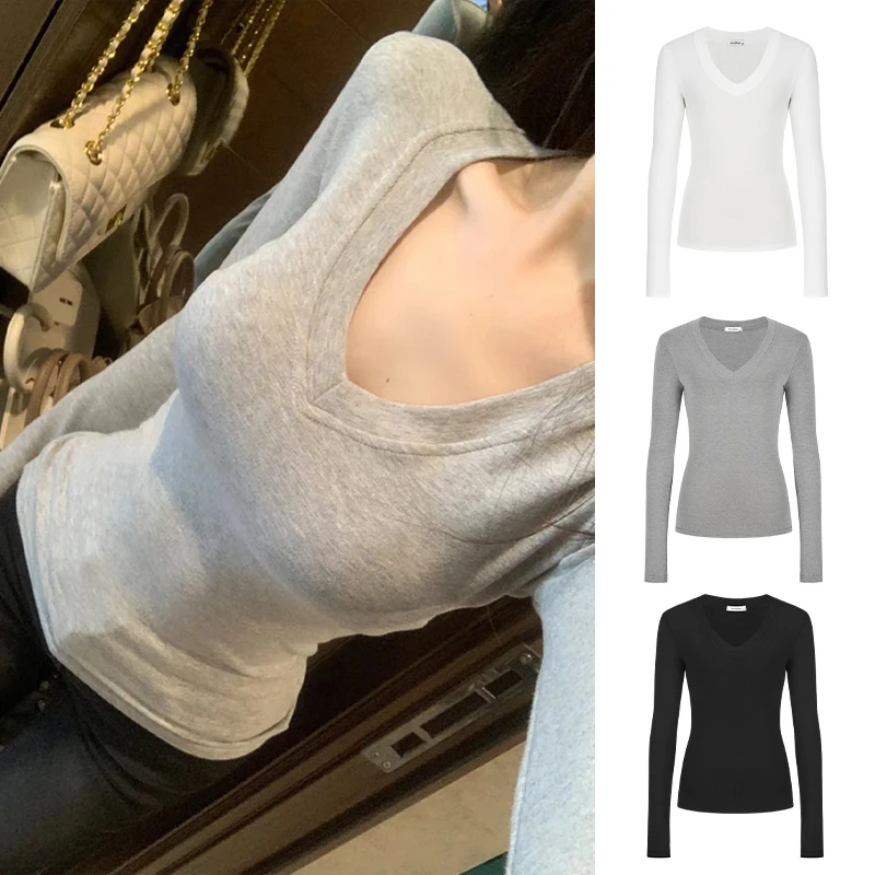 【运补6-8米】魔西女王掐腰显胸V领长袖T恤女早秋辣妹内搭修身上衣
