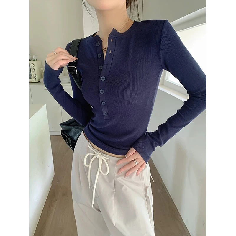 Moses Queen/魔西女王甜辣妹半开领正肩长袖t恤V领修身显瘦打底衫