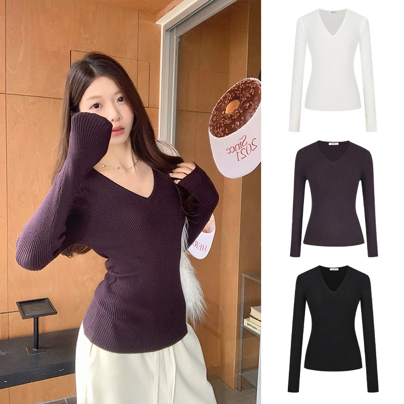 Moses Queen/魔西女王法式内搭紫色V领针织修身显瘦掐腰打底衫