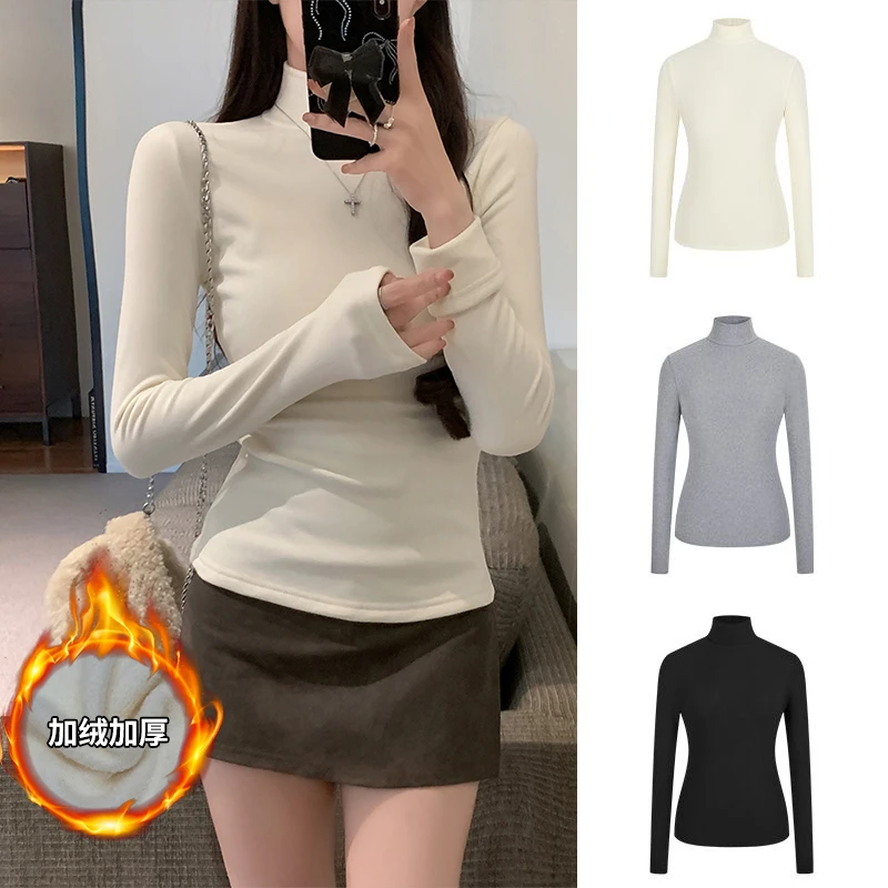 Moses Queen/魔西女王加绒加厚半高领修身打底衫掐腰显瘦正肩上衣