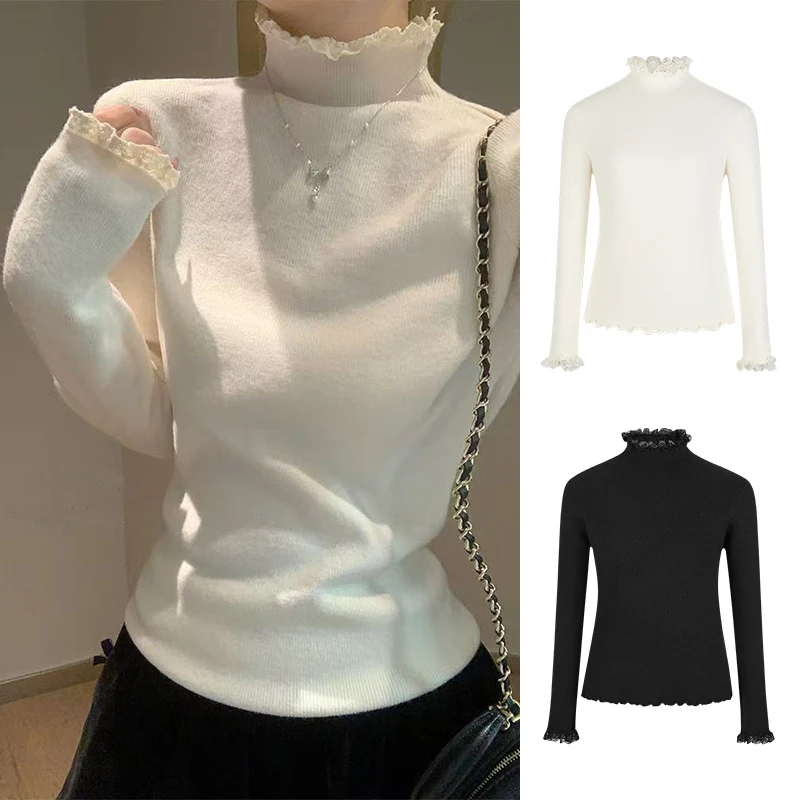 Moses Queen/魔西女王木耳边蕾丝拼接针织打底衫加绒加厚立领毛衣