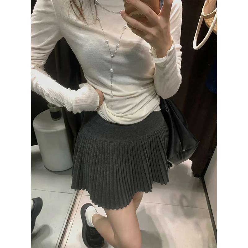 Moses Queen/魔西女王百褶裙毛呢短裙防走光A字半身裙灰色高腰裙