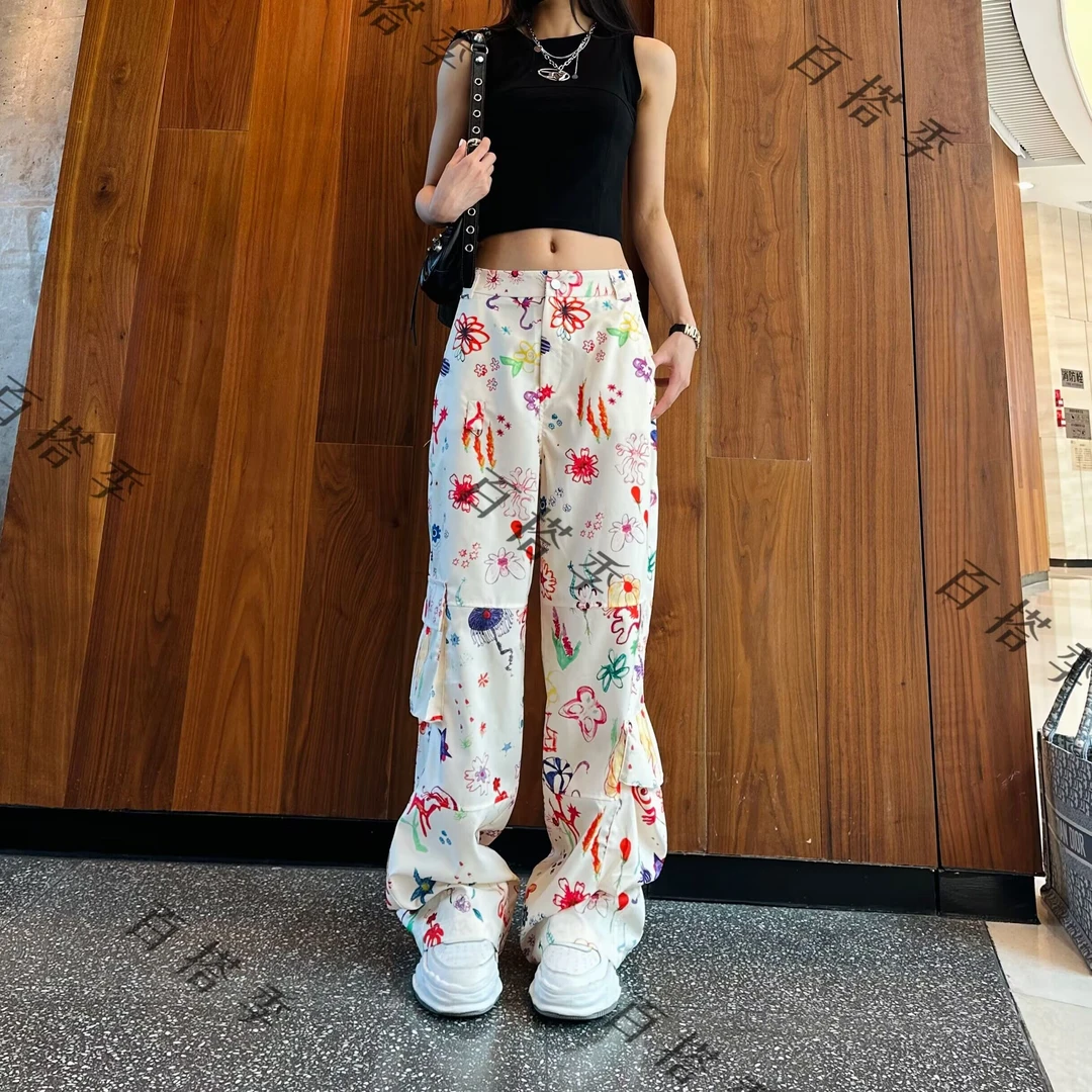 工厂店-夏季高腰百搭炸街辣妹手绘彩印花口袋休闲工装裤(清仓价)