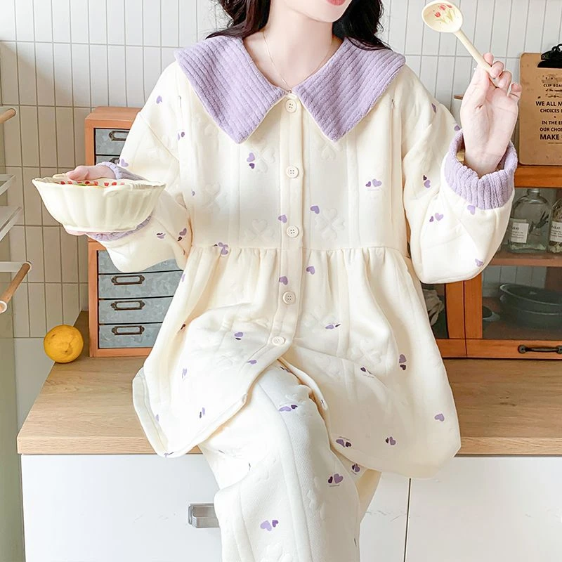 孕妇睡衣秋冬季待产月子服空气棉大码哺乳套装产后夹层出院不勒肚