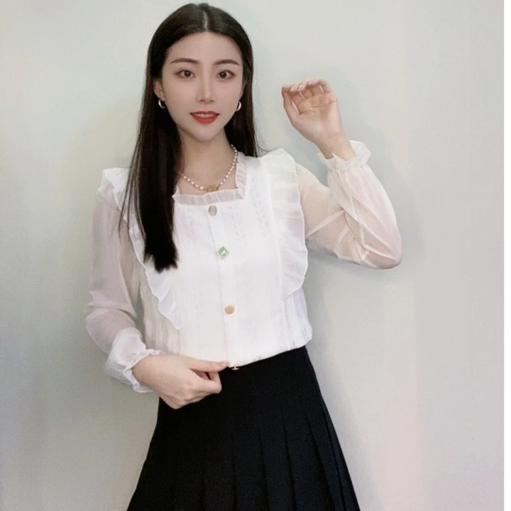 法式甜美温柔超仙荷叶边方领泡泡袖衬衫女夏季新款小个子薄款上衣
