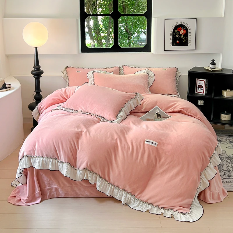 曼轩秋冬保暖加厚牛奶绒法式花边四件套公主风双面绒床单套件床品