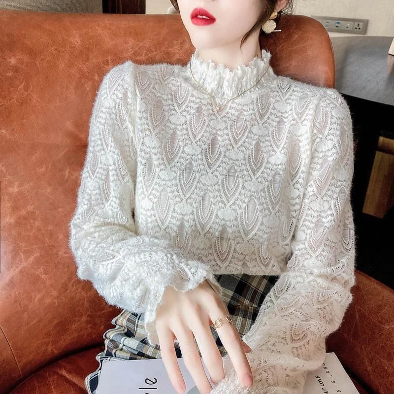 半高领蕾丝打底衫女长袖加绒秋冬季新款洋气内搭上衣修身保暖小衫