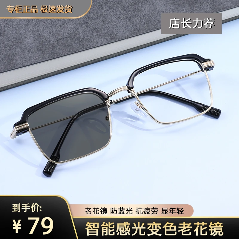 左丘2024款高清时尚高端变色防蓝光高颜值设计复古半框网红老花镜