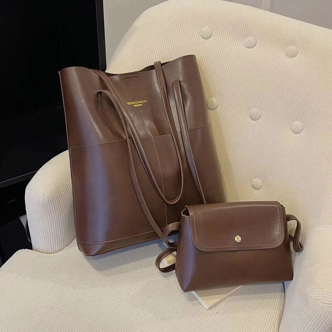 棕色油腊皮子母包秋冬新款单肩包大容量软皮包百搭时尚