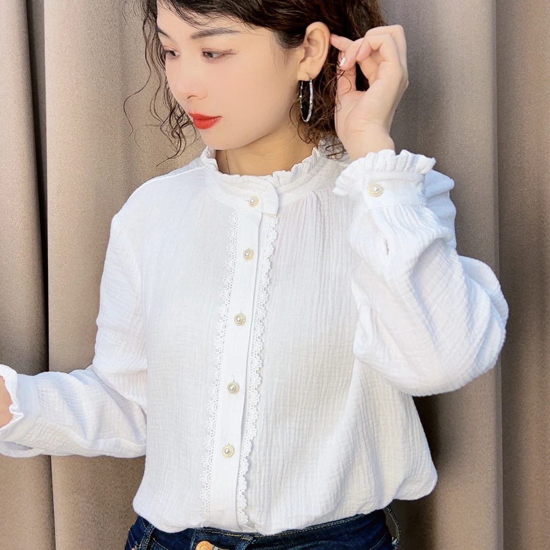 CS1075气质长袖时尚百搭打底设计感小众婴儿棉纱宽松女士纯棉衬衫