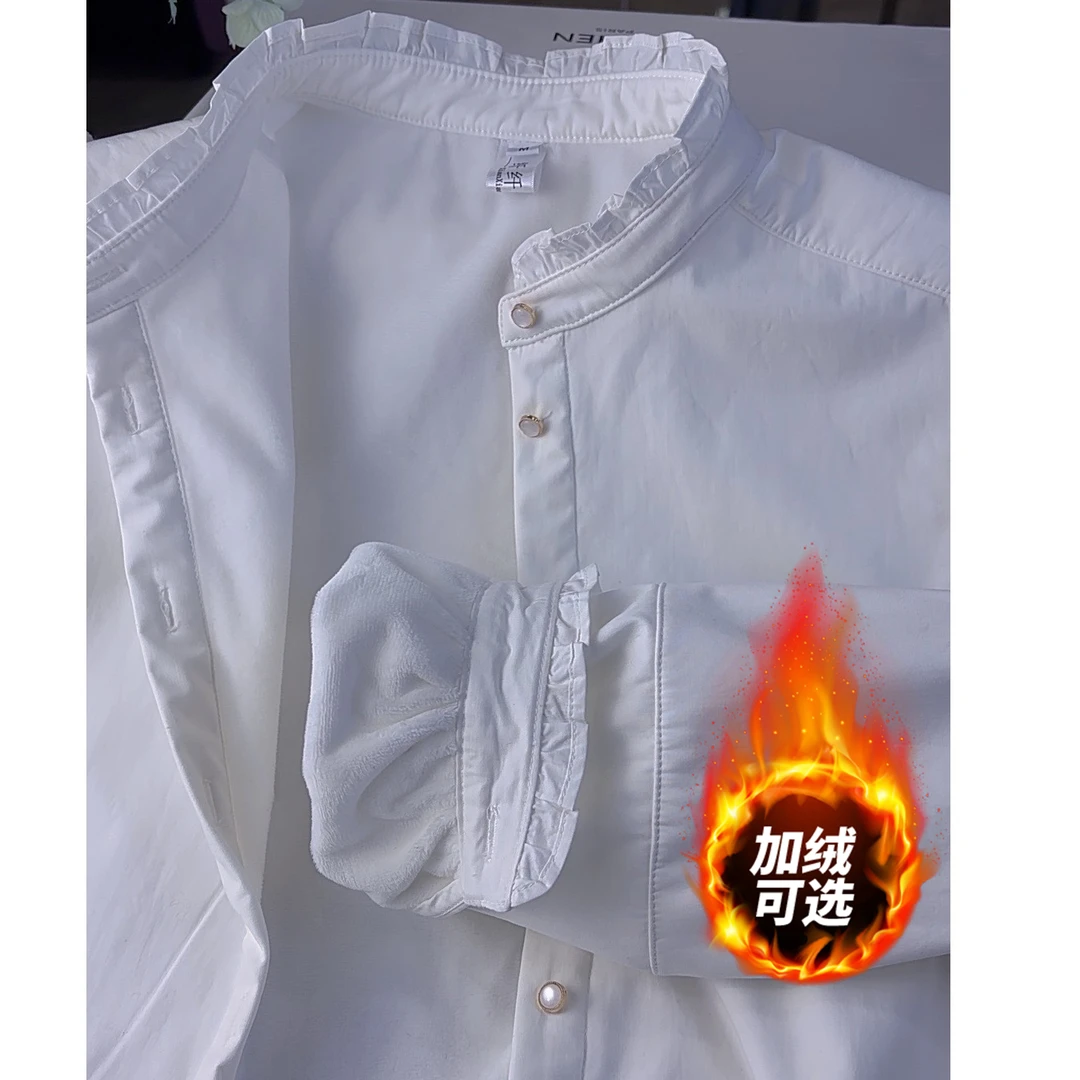 徐- 加绒长袖白色洋气纯棉休闲纯色韩版时尚百搭简约衬衫CS1158
