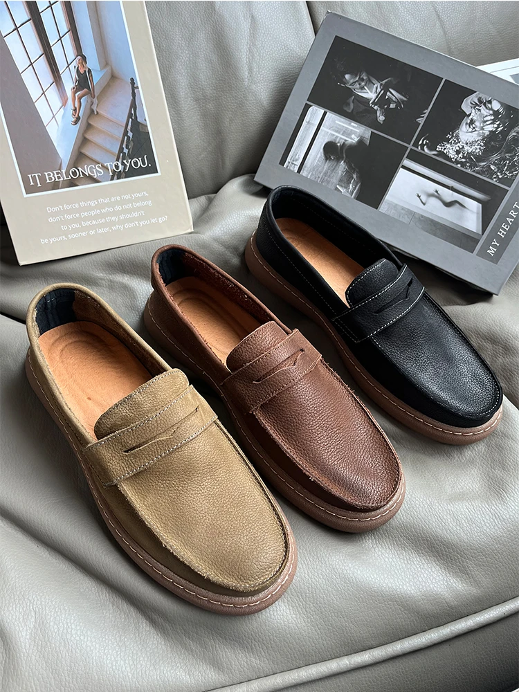 新款一脚蹬乐福鞋头层牛皮休闲鞋真皮韩版百搭男士豆豆懒人鞋潮流