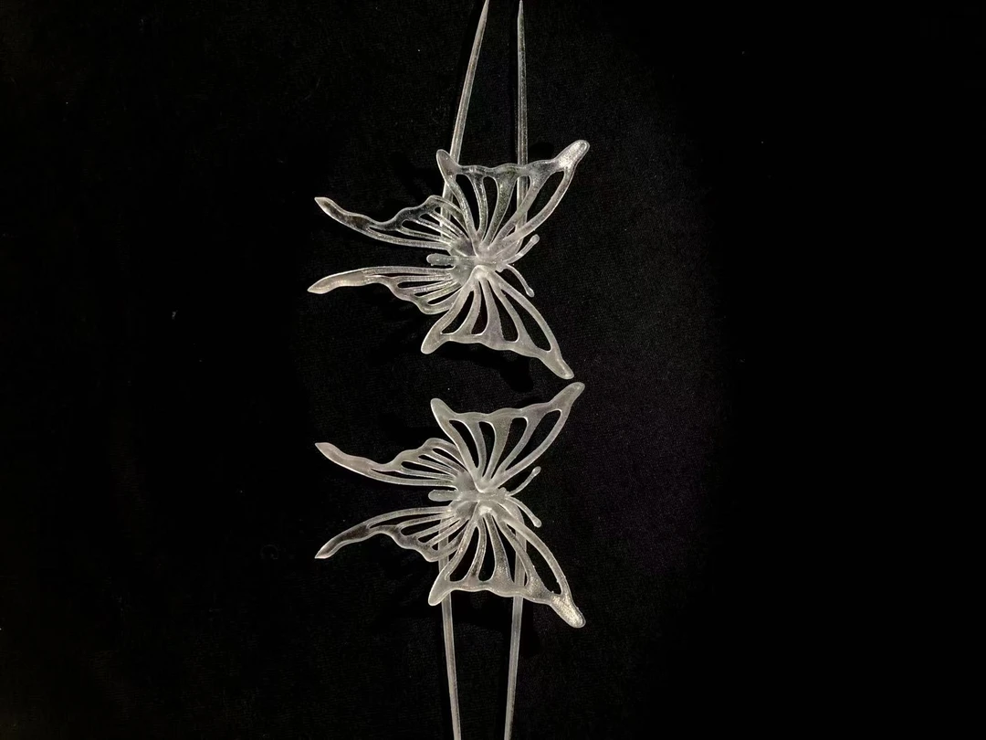 宝蝶记3D打印蝴蝶成品一对透明水波纹汉服走秀网红