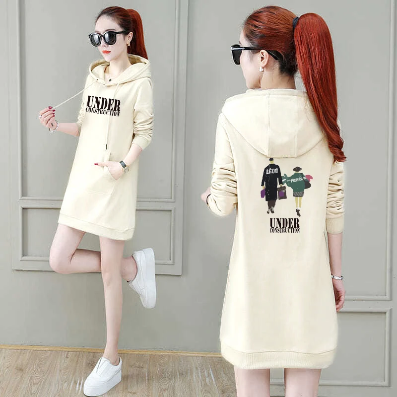 秋冬季中长款卫衣女连帽韩版休闲时尚大码显瘦加绒长袖印花卫衣裙