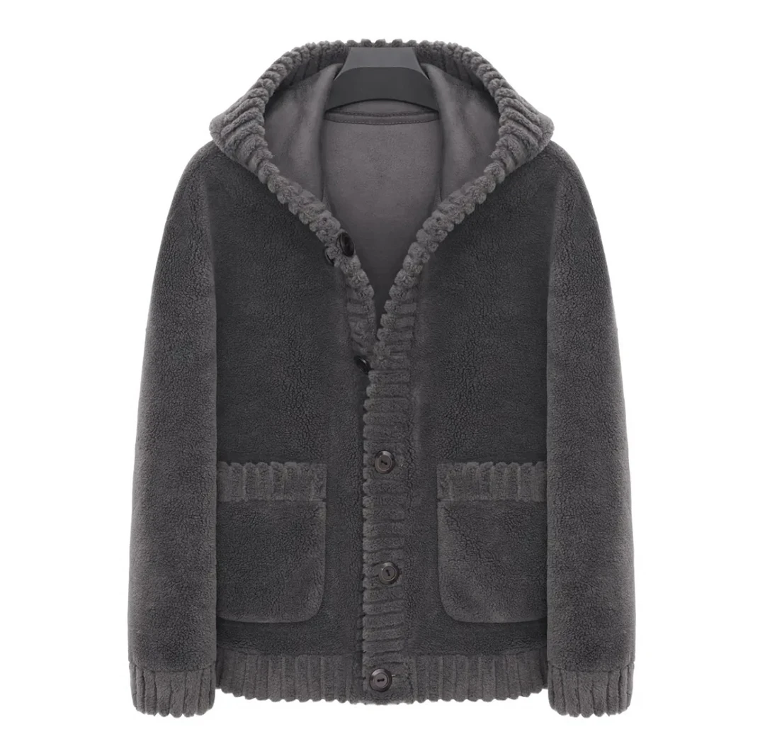 【官方严选】新款颗粒羊毛男士羊剪绒两面穿连帽翻领外套