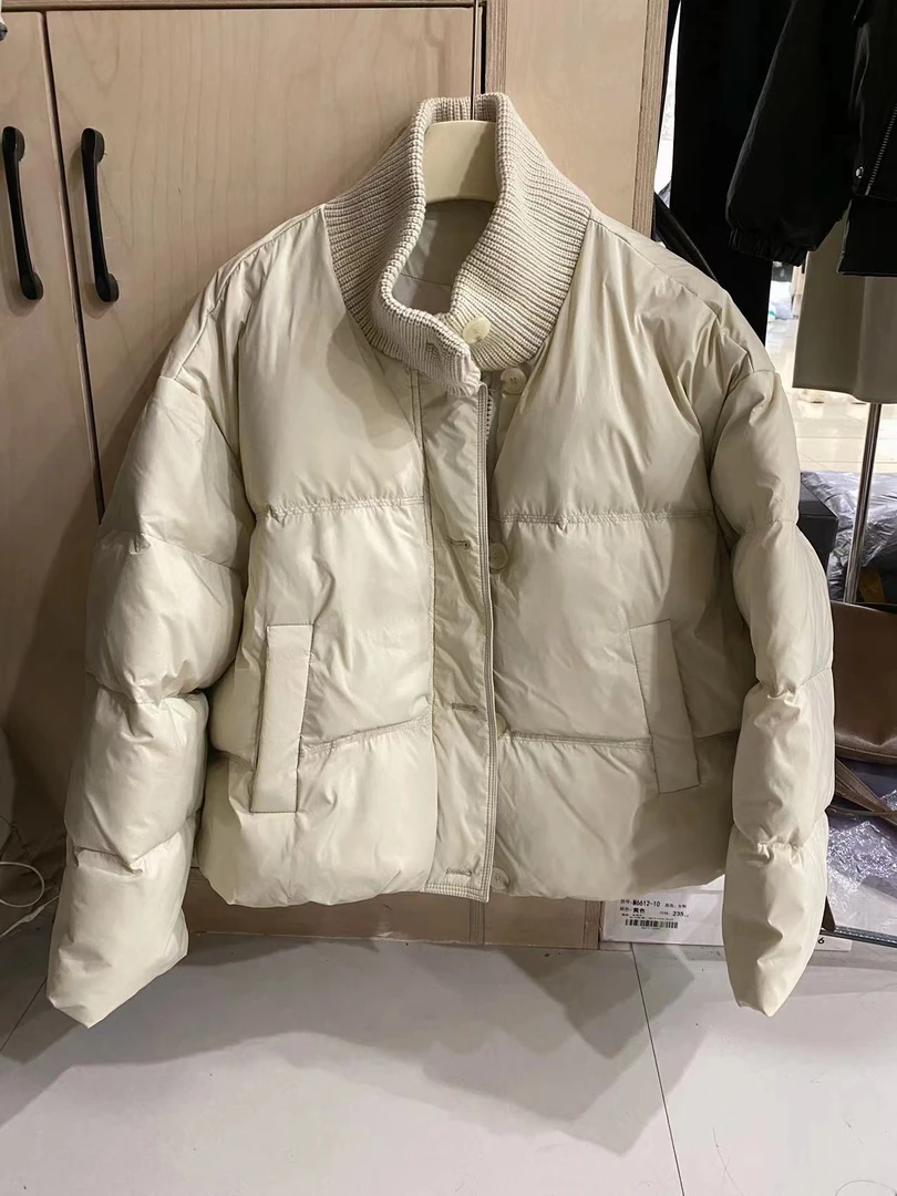 针织立领拼接短款羽绒服女冬季简约设计感三色保暖羽绒服外套