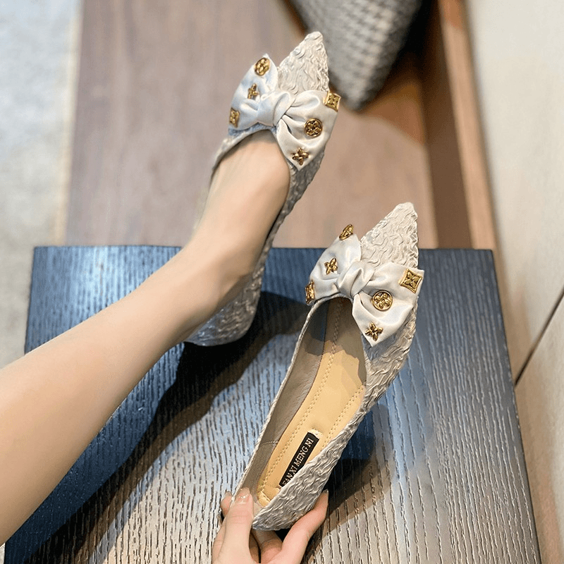 新款尖头浅口单鞋女低跟平底绸缎蝴蝶结软底舒适温柔鞋仙女风瓢鞋