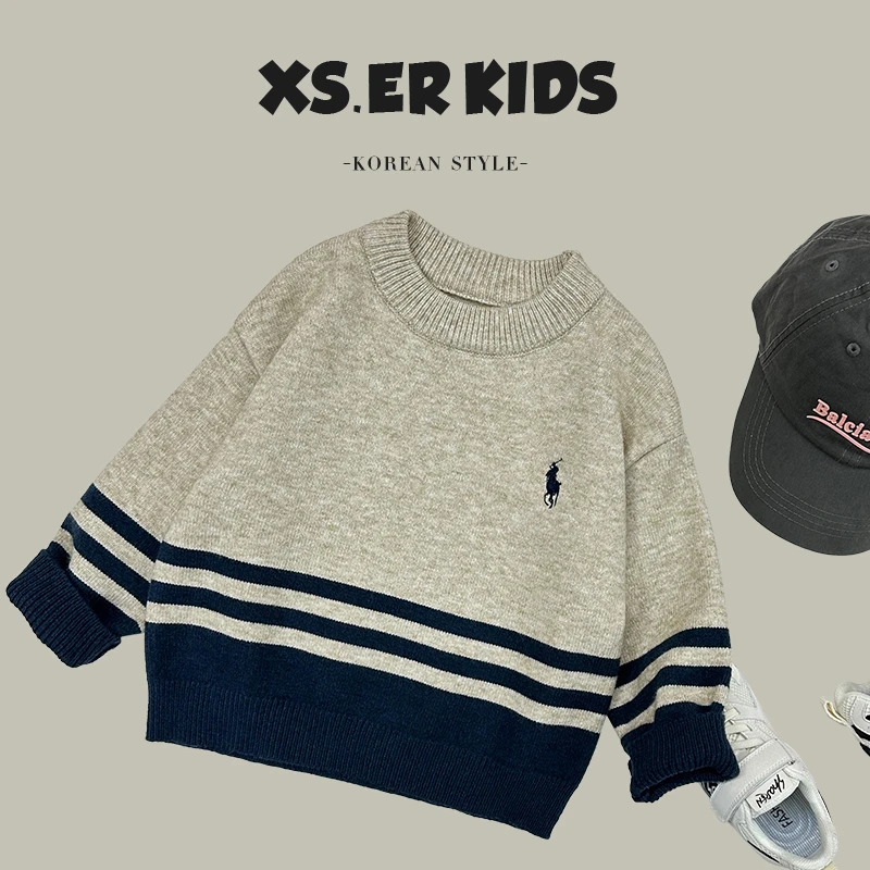 【小南瓜】现货韩版儿童春装时尚休闲拼色宽松套头毛衣HBB3639