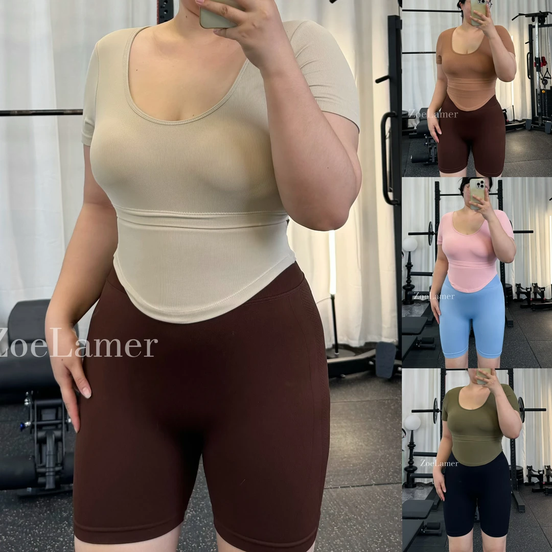 ZoeLamer【弧形U领一体杯收腰短袖】后开口显瘦外穿瑜伽健身运动