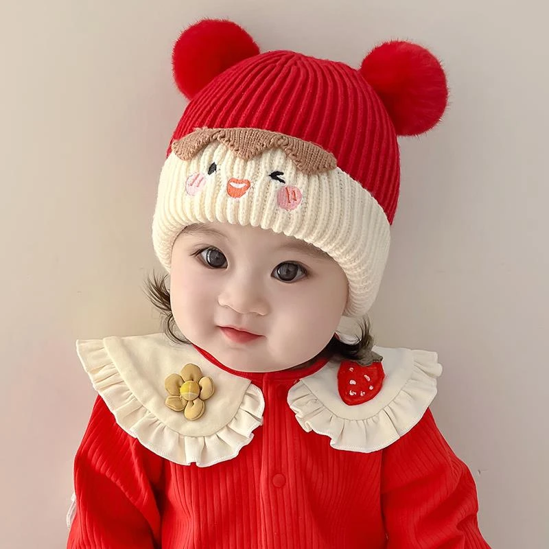 FAVMARTHA婴幼儿秋冬季毛线帽可爱保暖毛球护耳帽男女宝宝新年大