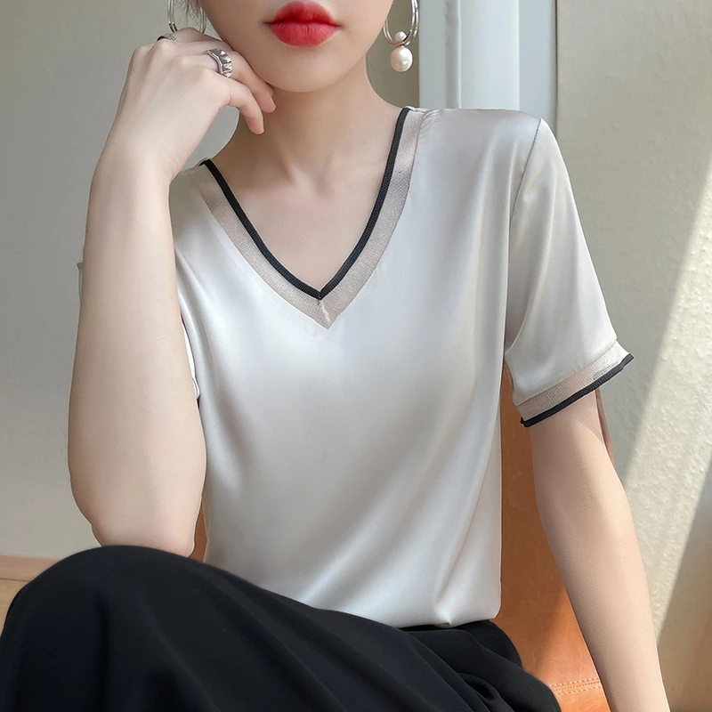 新款V领拼接短袖洋气女半截袖T恤衫时尚半袖夏季丝滑柔顺打底