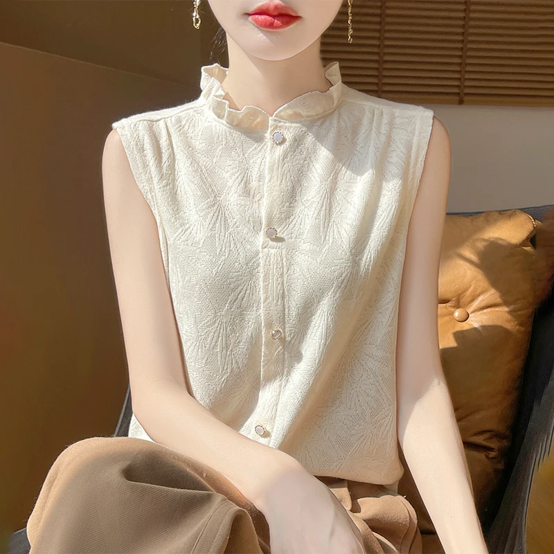 2024年新款法式木耳边领无袖百搭时尚洋气背心女宽松款打底针织衫