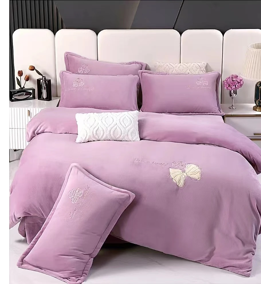 雪京  现货  冬季新品加厚加绒亲肤牛奶绒宝宝绒贴布绣四件套简约