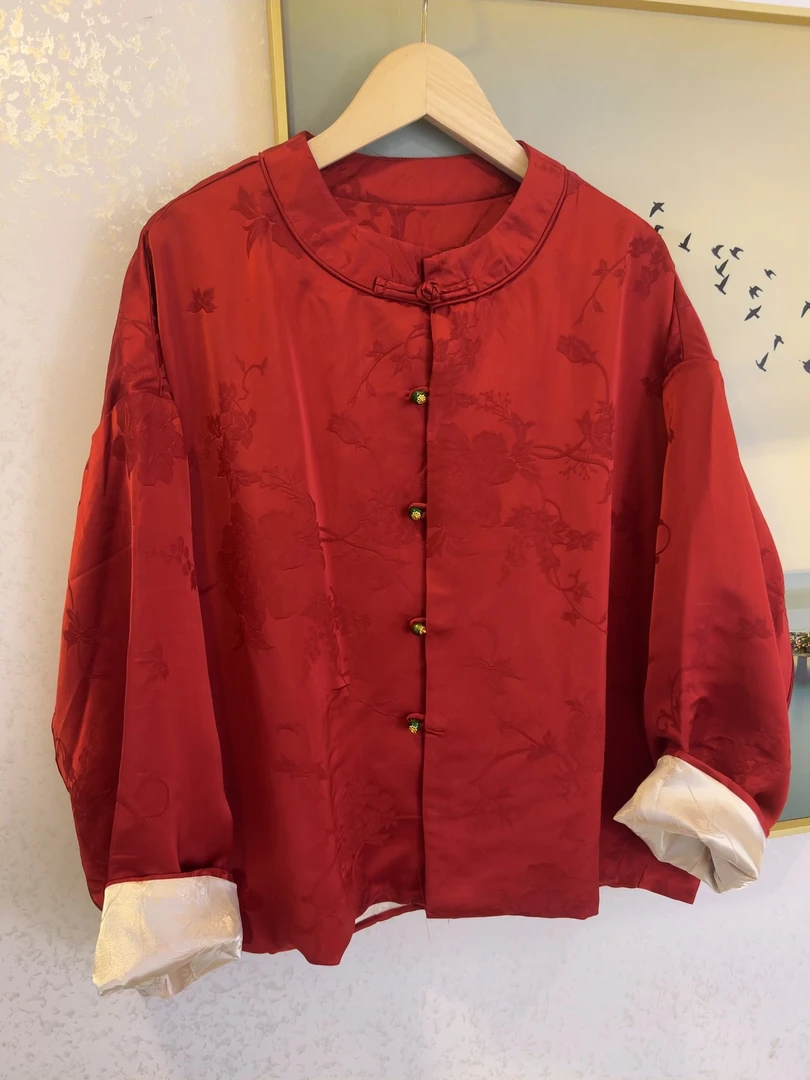 【胭脂】国风系列人丝提花新中式过年服丝质大红色手工盘扣圆领外套