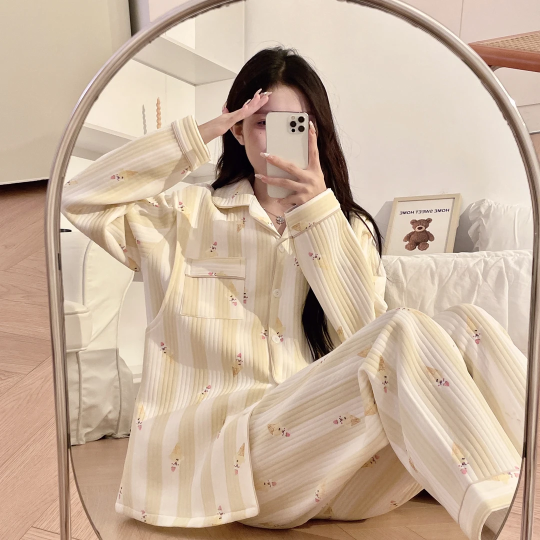 5B秋冬季月子服哺乳装夹棉长袖女睡衣B和服保暖空气棉开衫家居